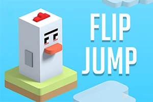 Un personaj cubic cu aspect de pui stă pe o platformă plutitoare, având un fundal albastru cu textul Flip Jump