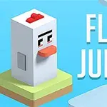 Un personaj cubic cu aspect de pui stă pe o platformă plutitoare, având un fundal albastru cu textul Flip Jump