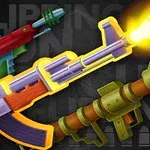 Trei arme colorate suprapuse, cu una dintre ele trăgând un glonț strălucitor