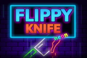 Text neon colorat pe un fundal de cărămidă, cu cuvintele FLIPPY KNIFE și un cuțit stilizat cu efect de lumină