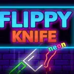 Text neon colorat pe un fundal de cărămidă, cu cuvintele FLIPPY KNIFE și un cuțit stilizat cu efect de lumină
