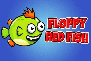 Pe un fundal albastru, un pește verde cu ochi mari și înotătoare portocalii este însoțit de textul Floppy Red Fish în roșu