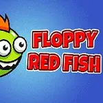 Pe un fundal albastru, un pește verde cu ochi mari și înotătoare portocalii este însoțit de textul Floppy Red Fish în roșu