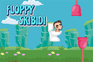 Personaj într-o toaletă zburătoare într-un peisaj cu dealuri verzi și text „Floppy Skibidi” pe fundal albastru