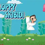 Personaj într-o toaletă zburătoare într-un peisaj cu dealuri verzi și text „Floppy Skibidi” pe fundal albastru