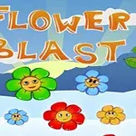 Text colorat Flower Blast și flori zâmbitoare de diferite culori pe un fundal albastru cu frunze și raze de soare