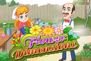 Fată cu păr roșu și bărbat cu mustață stau lângă un aranjament floral luminos într-o grădină