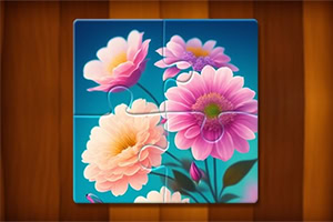 Puzzle cu flori roz și portocalii pe fundal albastru