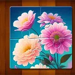 Puzzle cu flori roz și portocalii pe fundal albastru