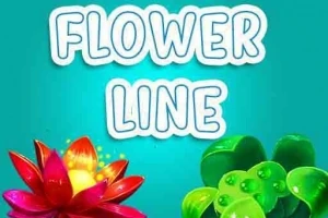 Textul Flower Line deasupra unor flori colorate pe un fundal albastru