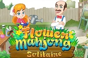 Personaje de desen animat într-o grădină cu flori, cu un titlu colorat deasupra