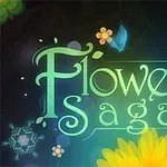 Textul „Flower Saga” înconjurat de flori colorate și un fundal întunecat