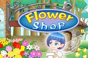 Un semn care spune Flower Shop decorat cu flori și un personaj fantezist cu aripi, într-un decor vesel și colorat