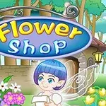 Un semn care spune Flower Shop decorat cu flori și un personaj fantezist cu aripi, într-un decor vesel și colorat