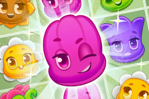 Personaje colorate și animate, inclusiv o gelatină roz care face cu ochiul, pe un fundal cu un model de grilă