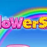 Text colorat flowers cu un curcubeu pe fundal albastru
