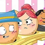 Animație cu personaje rotunde, expresive, cu fețe amuzante, inclusiv unul cu pălărie albastră, pe un fundal cu dungi roz și albe