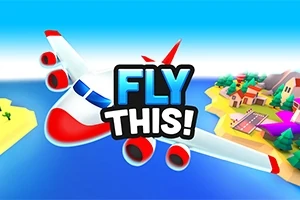Avion zburând peste peisaj insular colorat, cu textul „FLY THIS!