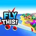 Avion zburând peste peisaj insular colorat, cu textul „FLY THIS!