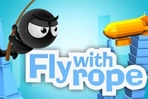 Personaj animat negru cu funie în mână și o navă zepelin galbenă pe fundal albastru, cu text Fly with rope