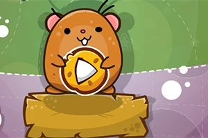 Un hamster drăguț care ține o bucată de brânză pe un fundal verde și mov, cu elemente de design jucăușe