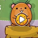 Un hamster drăguț care ține o bucată de brânză pe un fundal verde și mov, cu elemente de design jucăușe