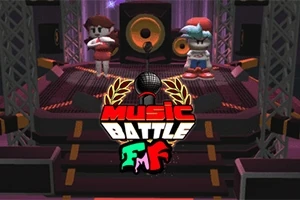 Două personaje de desene animate stau pe o scenă cu lumini și un difuzor mare în fundal, având un logo colorat cu textul Music Battle în față