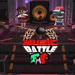 Două personaje de desene animate stau pe o scenă cu lumini și un difuzor mare în fundal, având un logo colorat cu textul Music Battle în față