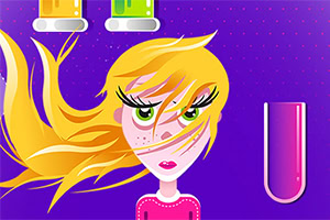 Fată animată cu păr blond și ochi verzi, pe fundal violet, cu recipiente de laborator colorate