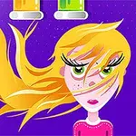 Fată animată cu păr blond și ochi verzi, pe fundal violet, cu recipiente de laborator colorate