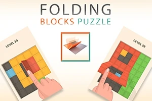 Două puzzle-uri cu blocuri colorate și degete care interacționează cu ele, sub titlul Folding Blocks Puzzle