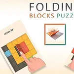 Două puzzle-uri cu blocuri colorate și degete care interacționează cu ele, sub titlul Folding Blocks Puzzle