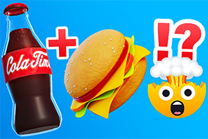 Sticlă de cola, burger și emoji surprins pe fundal albastru