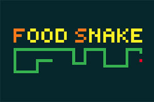 Textul FOOD SNAKE și o linie verde care se unduie pe un fundal închis, cu un punct roșu la capătul liniei