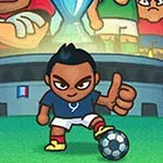 Un personaj desenat îmbrăcat în echipament de fotbal albastru și alb pe fundalul unui stadion și alți jucători desenați în spate