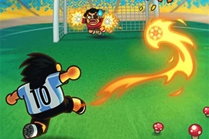 Un jucător de fotbal cu tricou numărul 10 lovește o minge de foc către poartă, unde un portar încearcă să o oprească