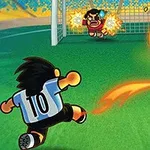 Un jucător de fotbal cu tricou numărul 10 lovește o minge de foc către poartă, unde un portar încearcă să o oprească