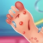 Un picior desenat cu tăieturi, bășici și așchii, având un fundal albastru și instrumente medicale în partea de sus