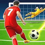 Fotbalist în echipament roșu execută un șut spre poartă, iar portarul în echipament galben încearcă să oprească mingea