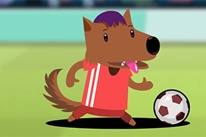 Un personaj animat, reprezentând un lup în tricou roșu, aleargă cu o minge de fotbal pe un teren