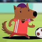 Un personaj animat, reprezentând un lup în tricou roșu, aleargă cu o minge de fotbal pe un teren