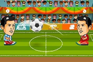 Două personaje de desene animate cu capete mari joacă fotbal pe un teren, cu o mulțime în fundal