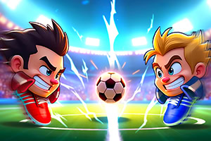 Două personaje animate cu mingi de fotbal între ele, în mijlocul unui stadion iluminat intens, cu chibrituri de energie între ele