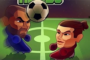 Două personaje animate, cu capete mari, se confruntă pe un teren de fotbal în timp ce o minge este suspendată deasupra lor