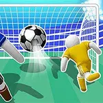 Două personaje stilizate joacă fotbal, cu o minge pe cale să intre în poartă