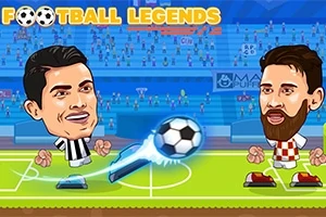 Două personaje stilizate cu capete mari joacă fotbal pe un teren cu un stadion plin în fundal