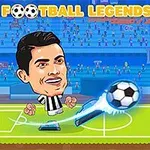 Două personaje stilizate cu capete mari joacă fotbal pe un teren cu un stadion plin în fundal