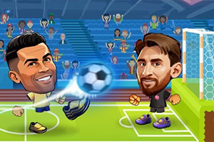 Doi fotbaliști caricaturizați pe un teren, cu o minge luminoasă în prim-plan, poartă și tribune cu spectatori în fundal