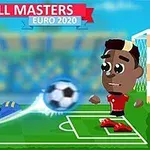 Două personaje animate joacă fotbal pe un teren, cu o minge în mișcare rapidă între ele, sub un banner roșu și albastru