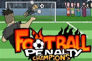 Un jucător de fotbal execută un penalty, încercând să marcheze împotriva unui portar care se aruncă spre minge, cu un public în fundal și un banner colorat cu textul Football Penalty Champions